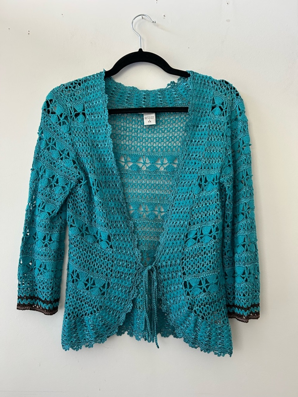 Bianca Nygard Turquoise Knit Boho Crochet Lace Open Cardigan Layer